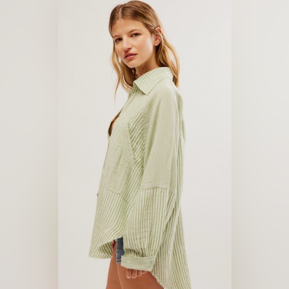 Free People Indigo skies stripe Green Striped Button Down Shirt sz M - Picture 1 of 6